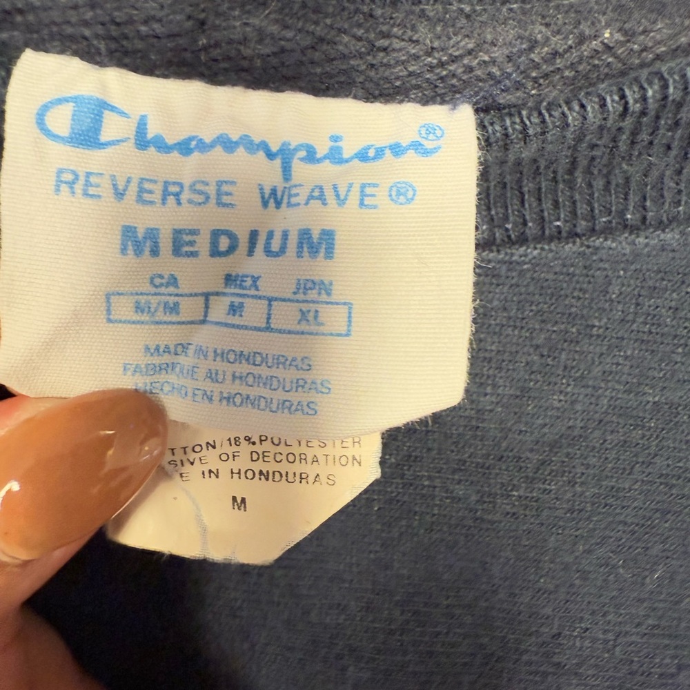 Champion M Reverse Weave Navy Blue Spellout Gold Crewneck Sweatshirt - Picture 5 of 7